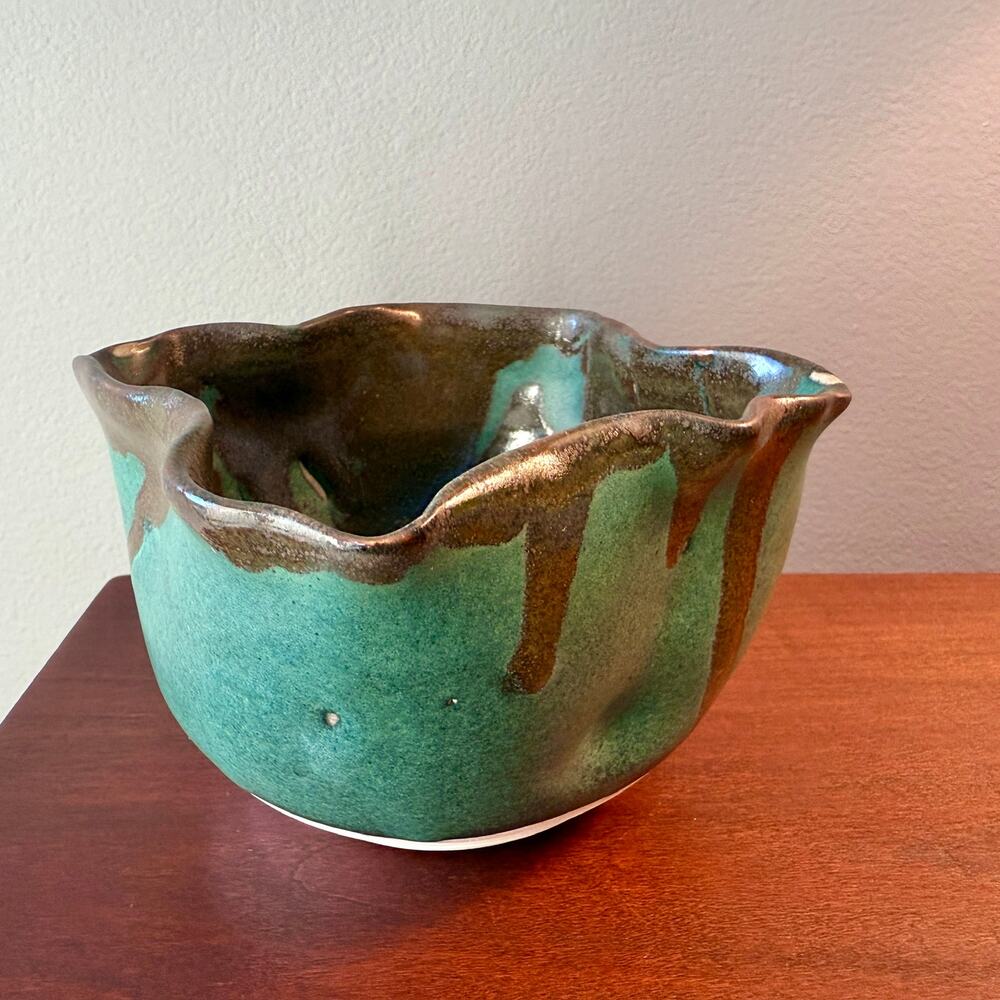 Hankerchief Studio Handmade Ceramic Pottery Bowl Turquoise Brown Drip Glaze